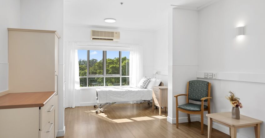 spacious single room for elderly aged care resident including dementia care in baptistcare shalom centre aged care home in macquarie park nsw