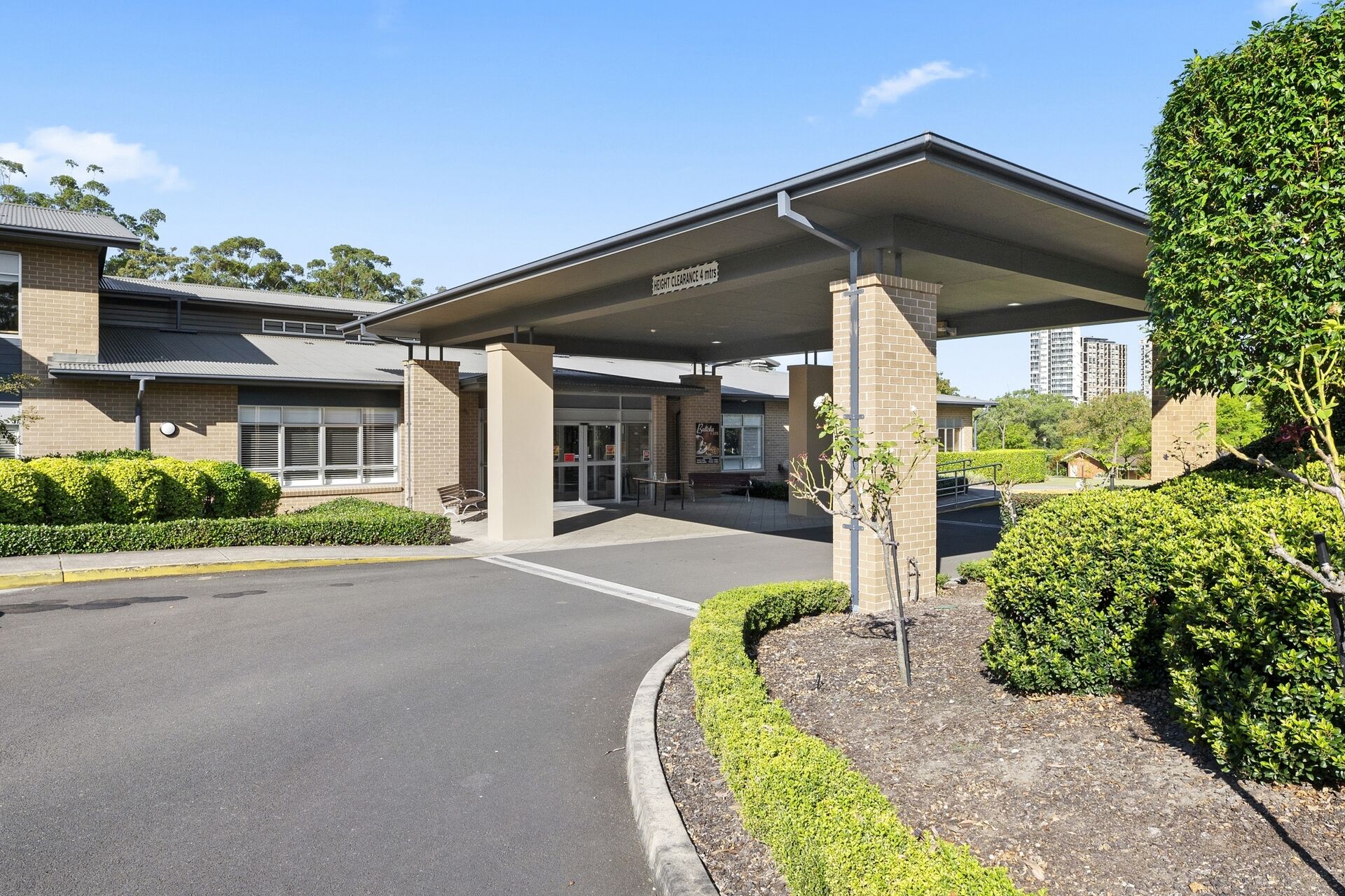Entrance of baptistcare shalom centre aged care home in macquarie park nsw